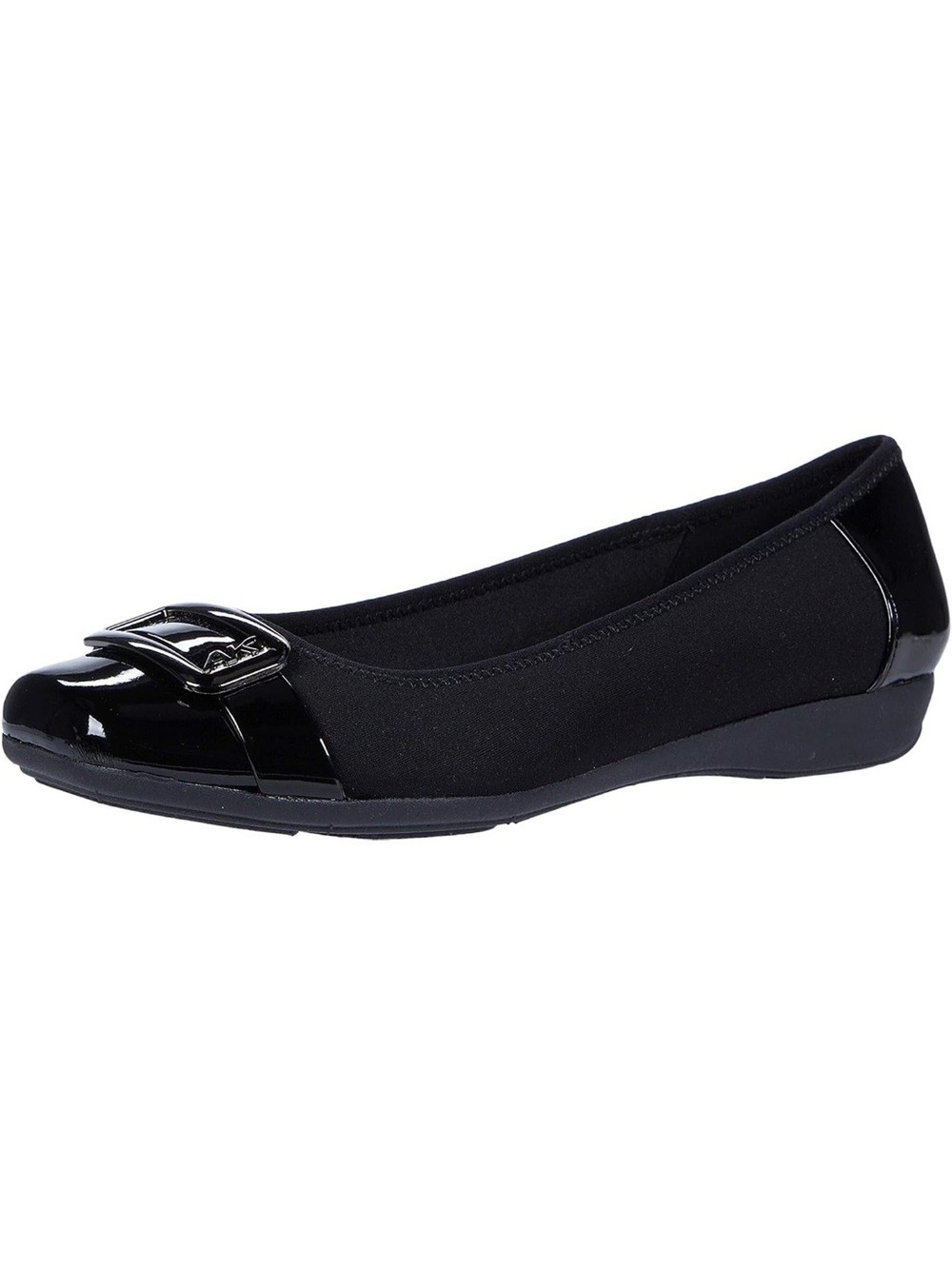 Anne Klein Ulivera Black Fabric & Patent Square Toe Ballet Flat with Buckle
